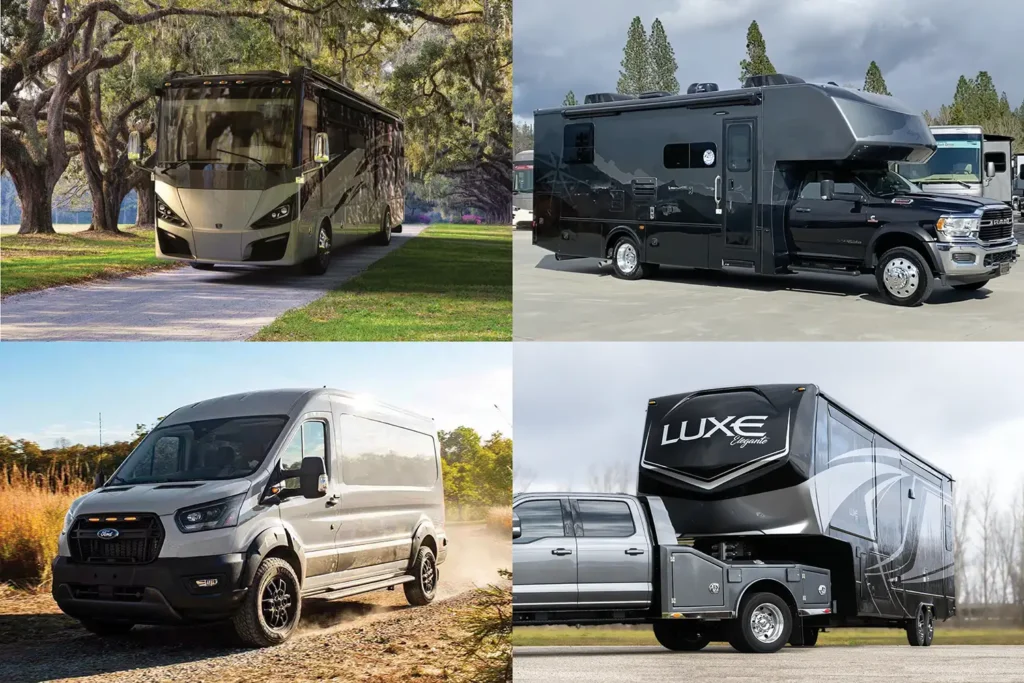 A variety of RVs, illustrating the wide range of makes, models, and brands that Certified RV Repair in Elkhart, Indiana, is equipped to service and repair, showcasing our expertise in the RV repair industry.